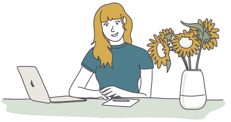 Illustration einer Grafikdesignerin am Laptop mit Sonnenblumen – kostenloses Kennenlernen für Designprojekte