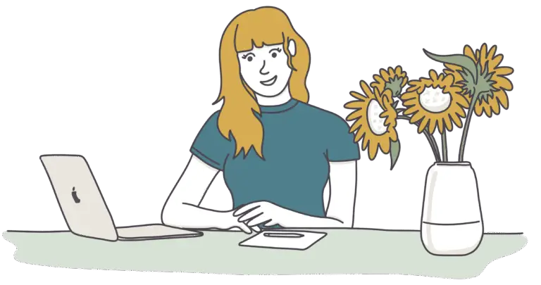 Illustration einer Grafikdesignerin am Laptop mit Sonnenblumen – kostenloses Kennenlernen für Designprojekte